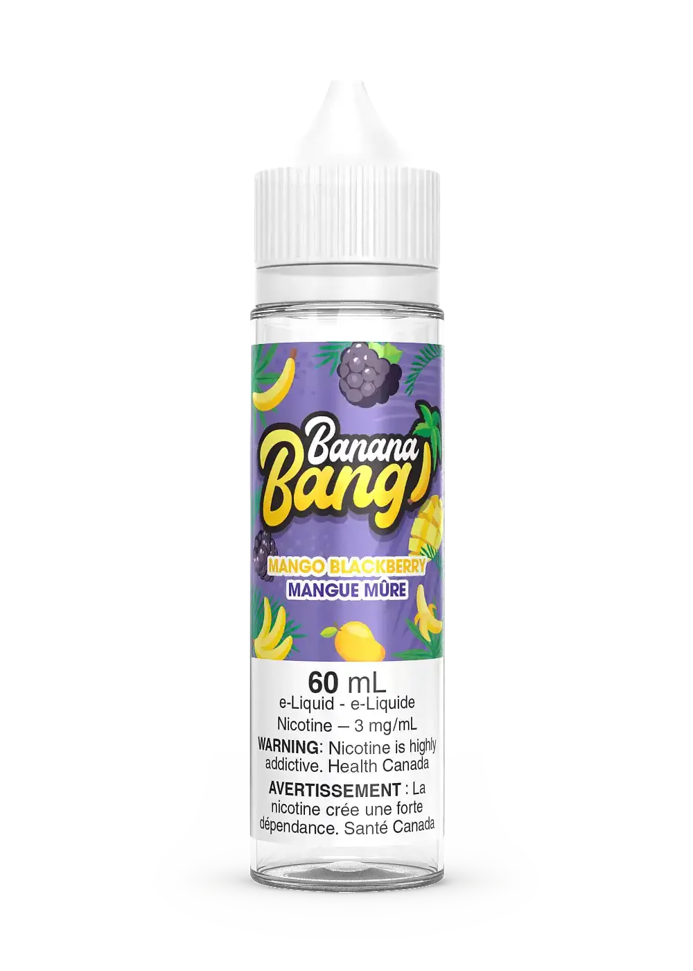 Banana Bang Mango Blackberry 60mL e-liquid bottle with purple label, featuring mangoes and blackberries.