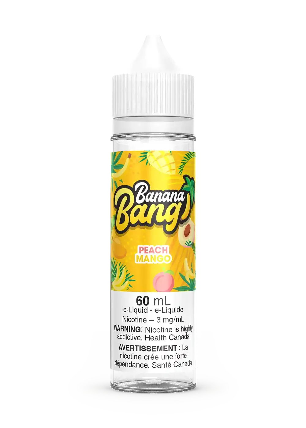 Banana Bang Peach Mango 60mL e-liquid bottle with colorful fruit label and white cap.