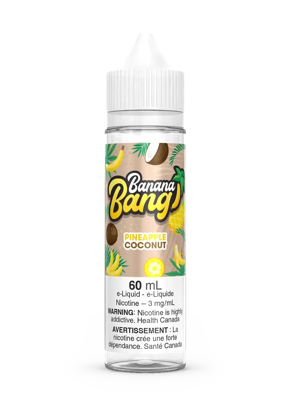 Banana Bang Pineapple Coconut 60mL e-liquid bottle with tropical fruit label.