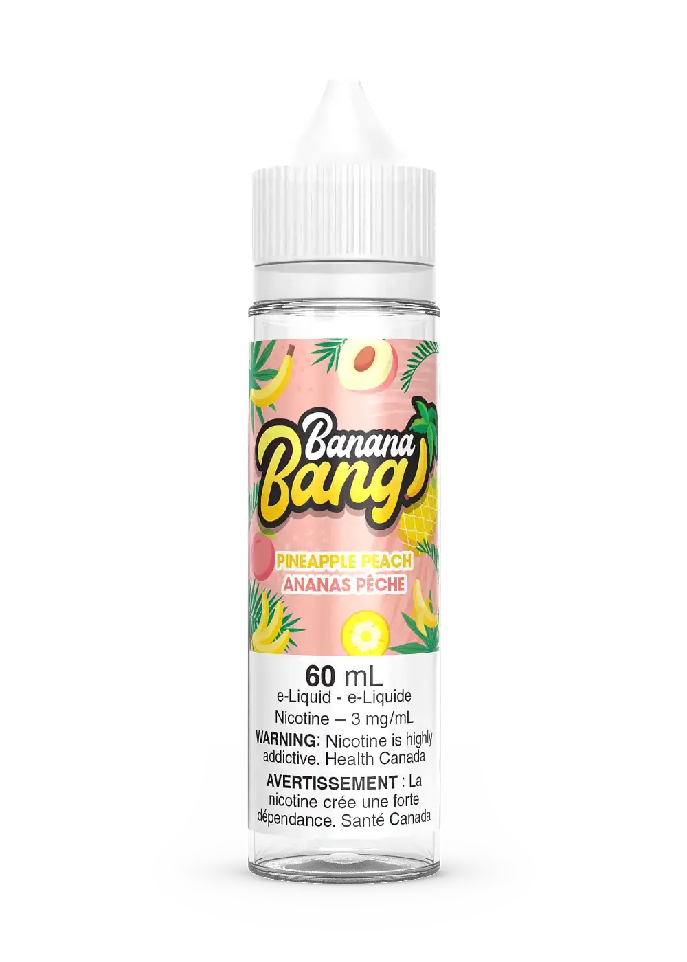 Banana Bang Pineapple Peach 60mL e-liquid bottle with colorful fruit graphics and white cap.