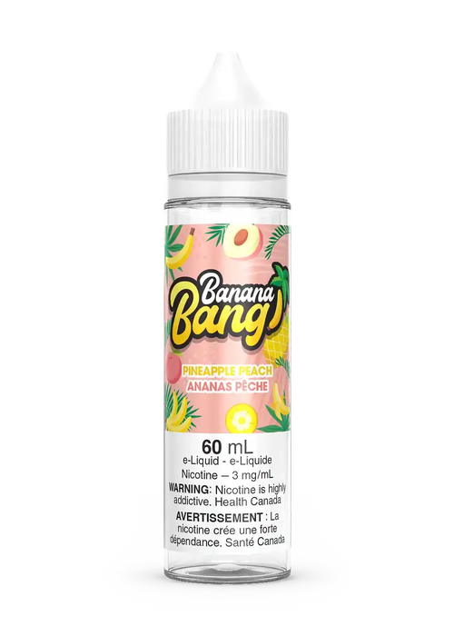Banana Bang Pineapple Peach 60mL e-liquid bottle with colorful fruit graphics and white cap.