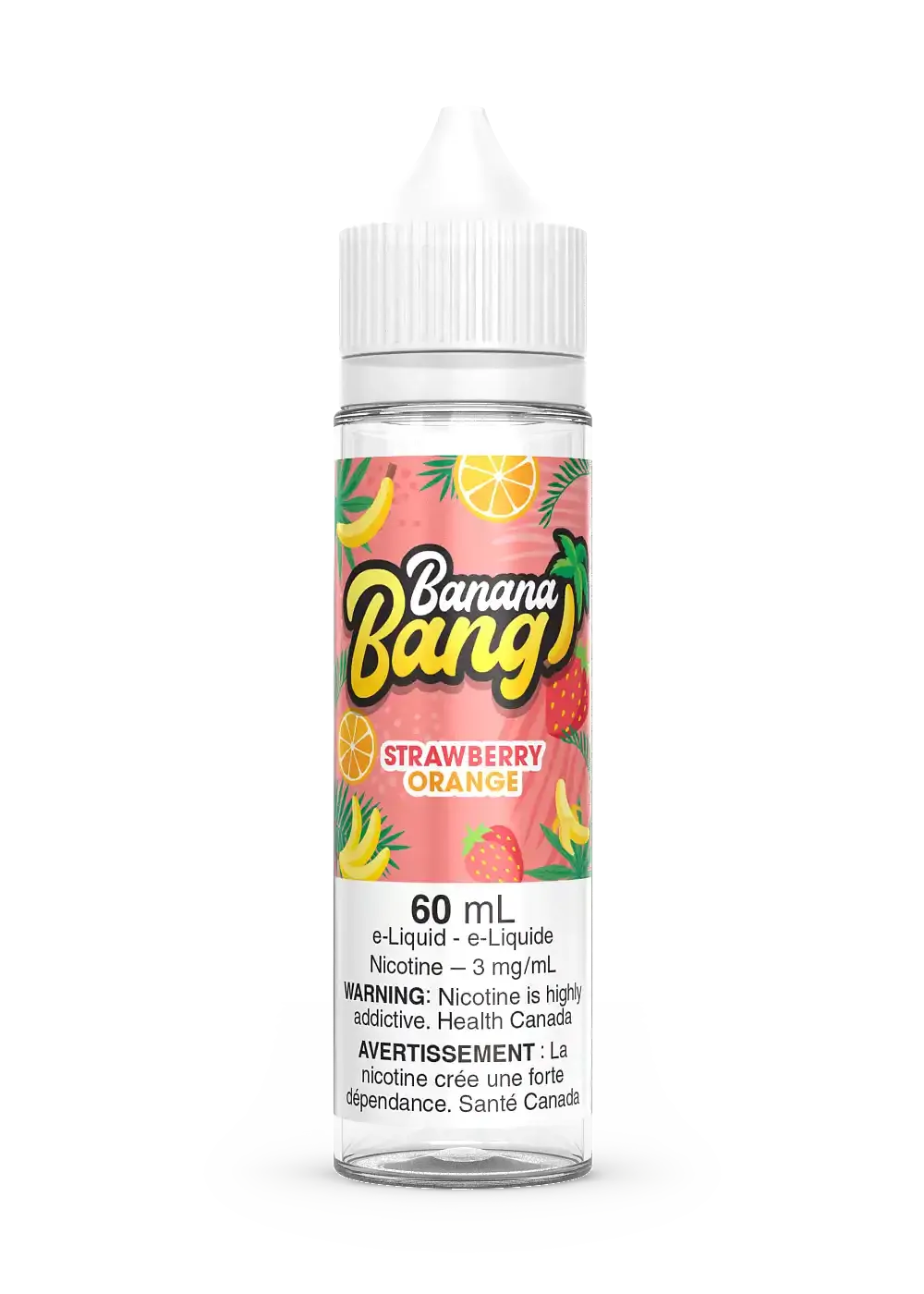 Banana Bang Strawberry Orange 60mL e-liquid bottle with fruit graphics and white cap.