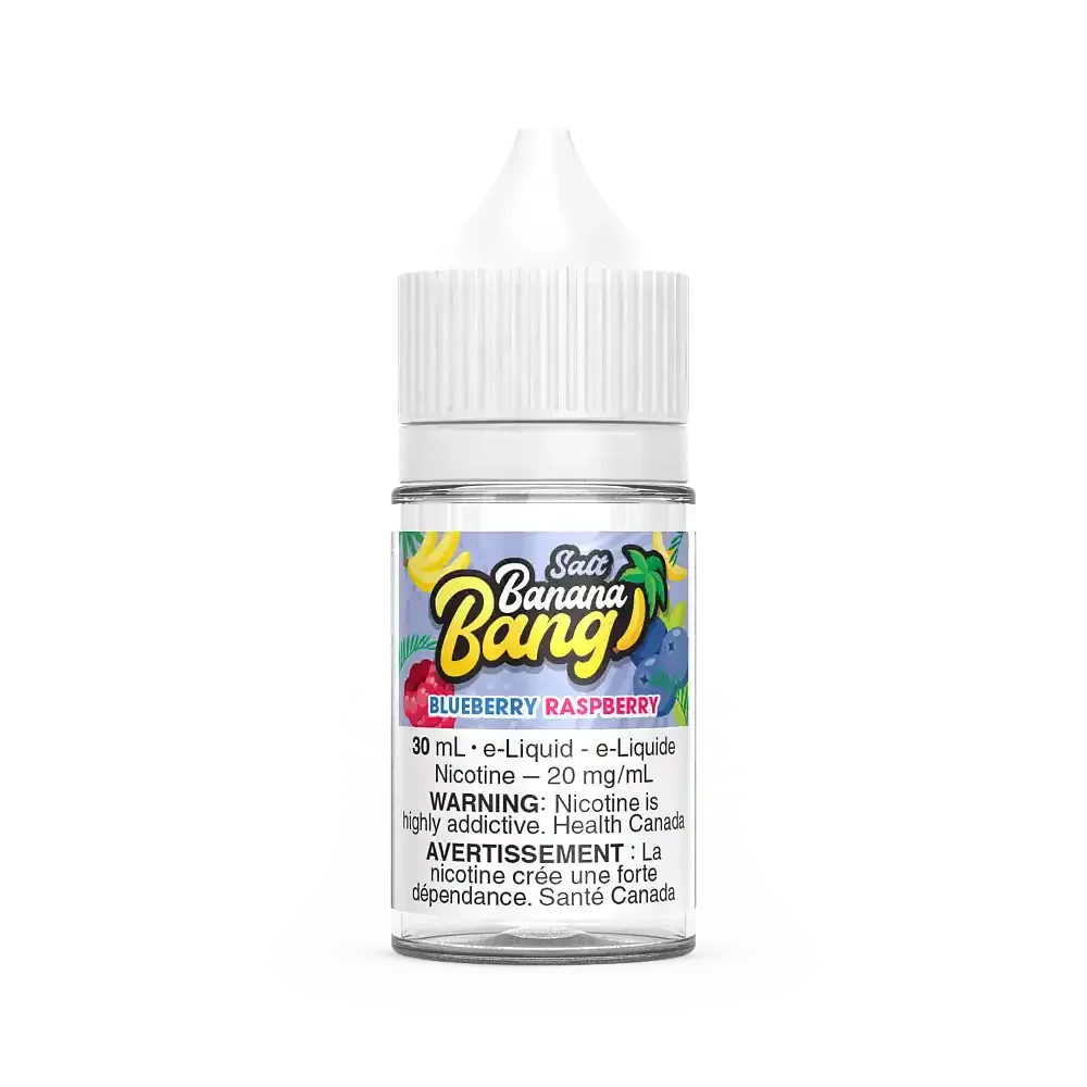 Banana Bang Salt Blueberry Raspberry 30mL e-liquid bottle with white cap and colorful fruit label.