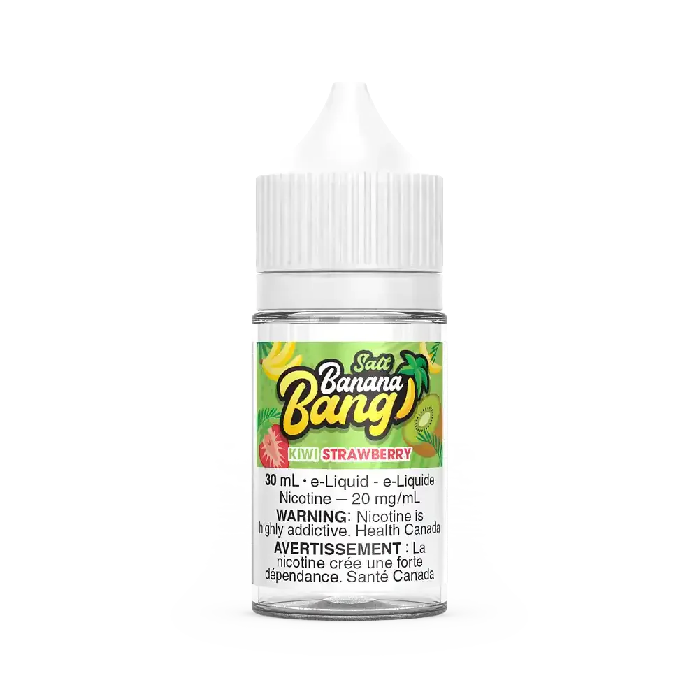 Kiwi Strawberry Banana Bang Salt 30mL e-liquid bottle with white cap and colorful fruit label.