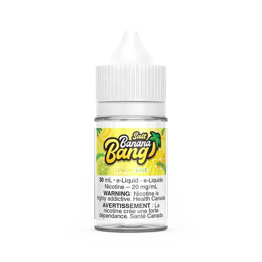 Banana Bang Salt Lemon Lime 30mL e-liquid bottle with white cap and yellow/green label.