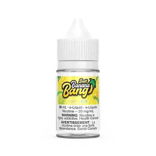 Banana Bang Salt Lemon Lime 30mL e-liquid bottle with white cap and yellow/green label.