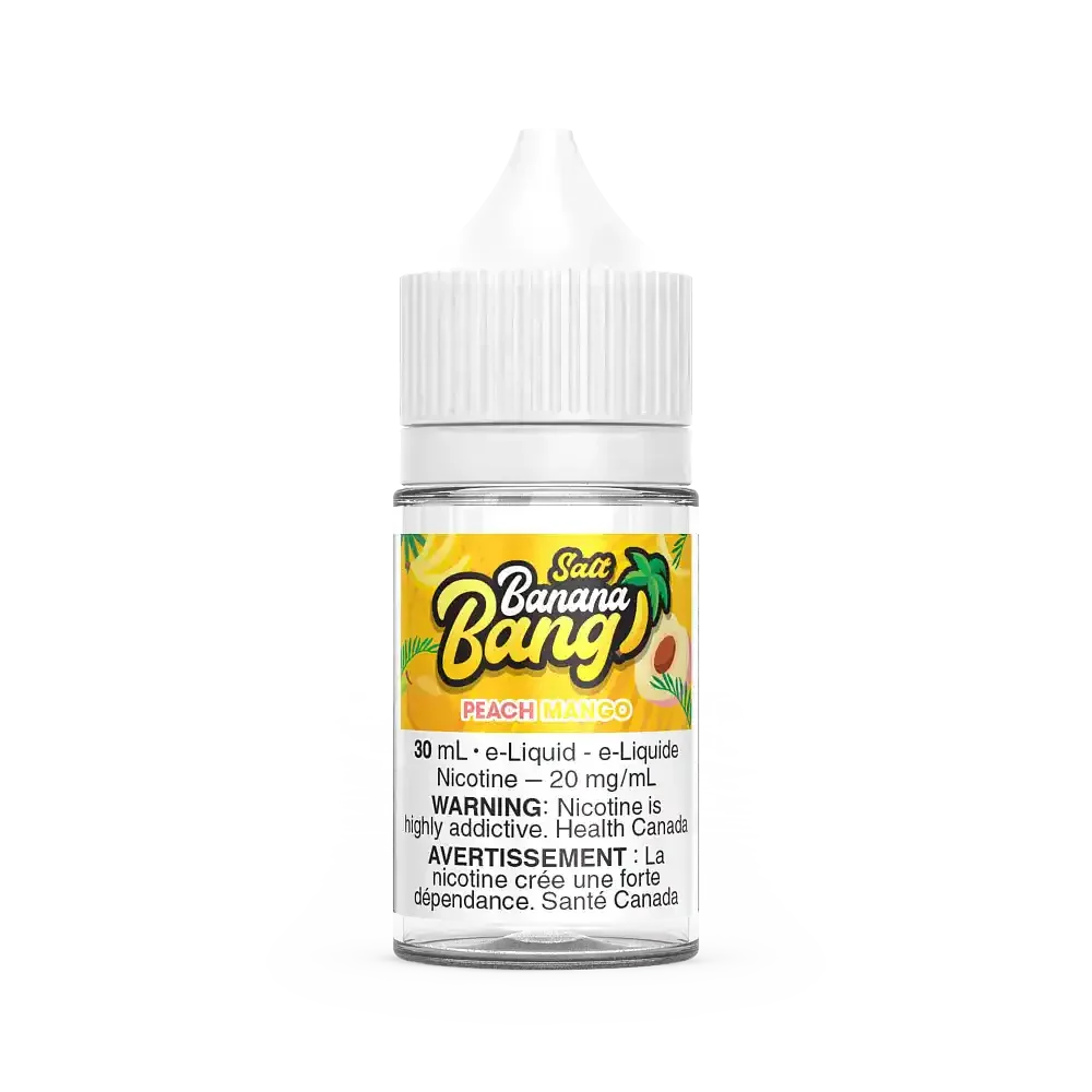 Banana Bang Salt Peach Mango 30mL e-liquid bottle with white cap and colorful label.