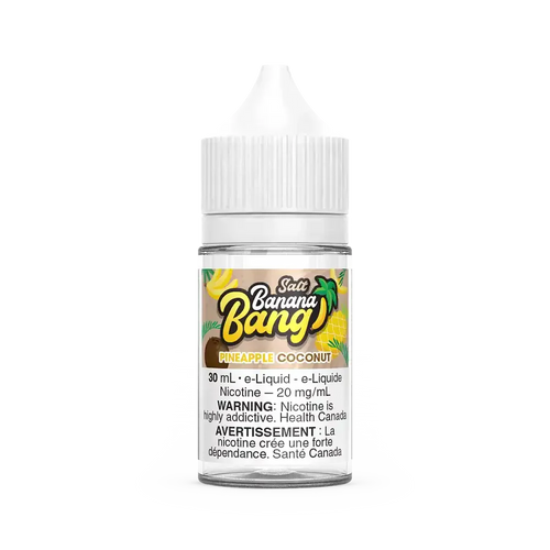 Banana Bang Salt Pineapple Coconut 30mL e-liquid bottle with white cap and label.
