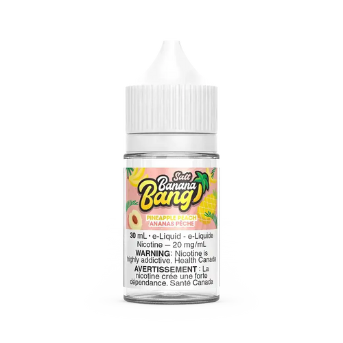 Banana Bang Salt Pineapple Peach 30mL e-liquid bottle with white cap and yellow-pink label.