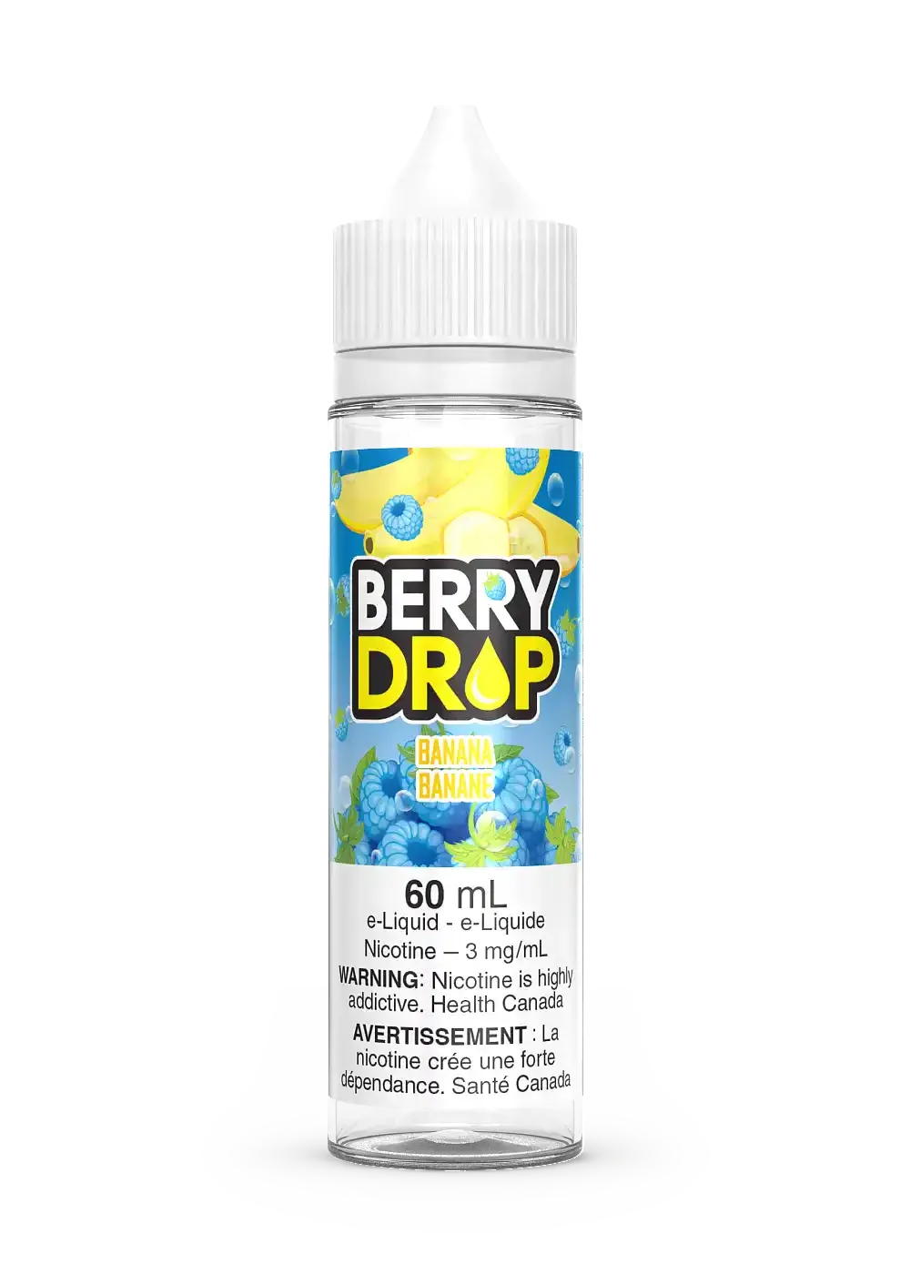 Berry Drop Banana 60mL e-liquid bottle with yellow banana and blue raspberry label design.