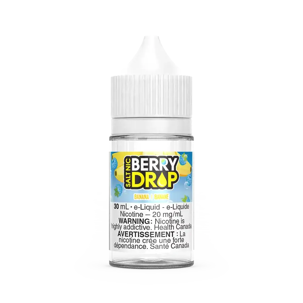 Berry Drop Salt Banana 30mL e-liquid bottle with white cap and clear label featuring blue and yellow logo.