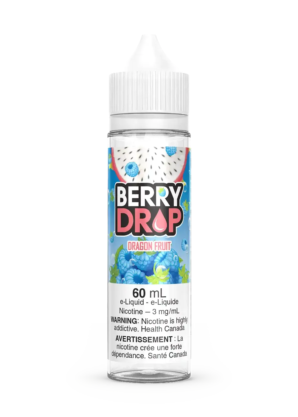 Berry Drop Dragon Fruit 60mL e-liquid bottle with blue raspberries and dragon fruit design.