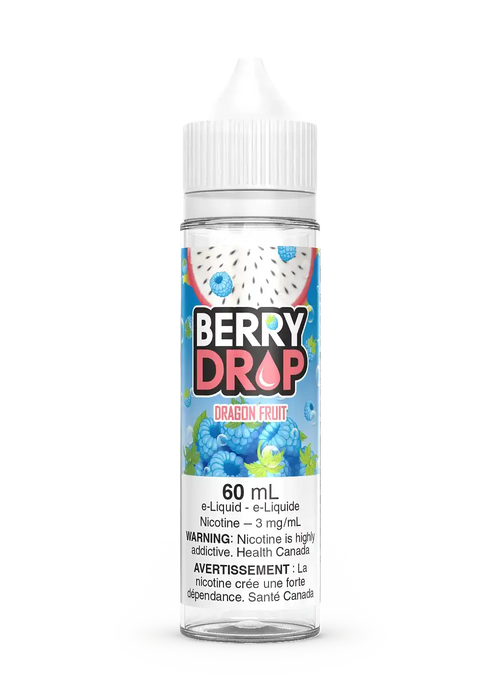 Berry Drop Dragon Fruit 60mL e-liquid bottle with blue raspberries and dragon fruit design.