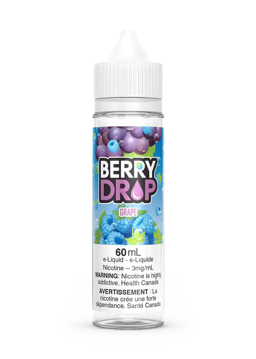 Berry Drop Grape 60mL e-liquid bottle with purple and blue berry label, white cap.