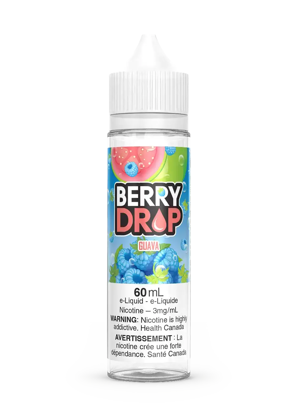 Berry Drop Guava 60mL e-liquid bottle with blue raspberries and watermelon design.