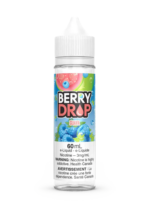 Berry Drop Guava 60mL e-liquid bottle with blue raspberries and watermelon design.
