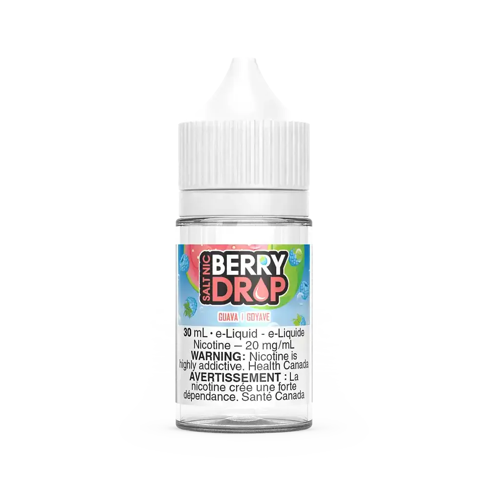 30mL Berry Drop Salt Guava e-liquid bottle with white cap and colorful label.