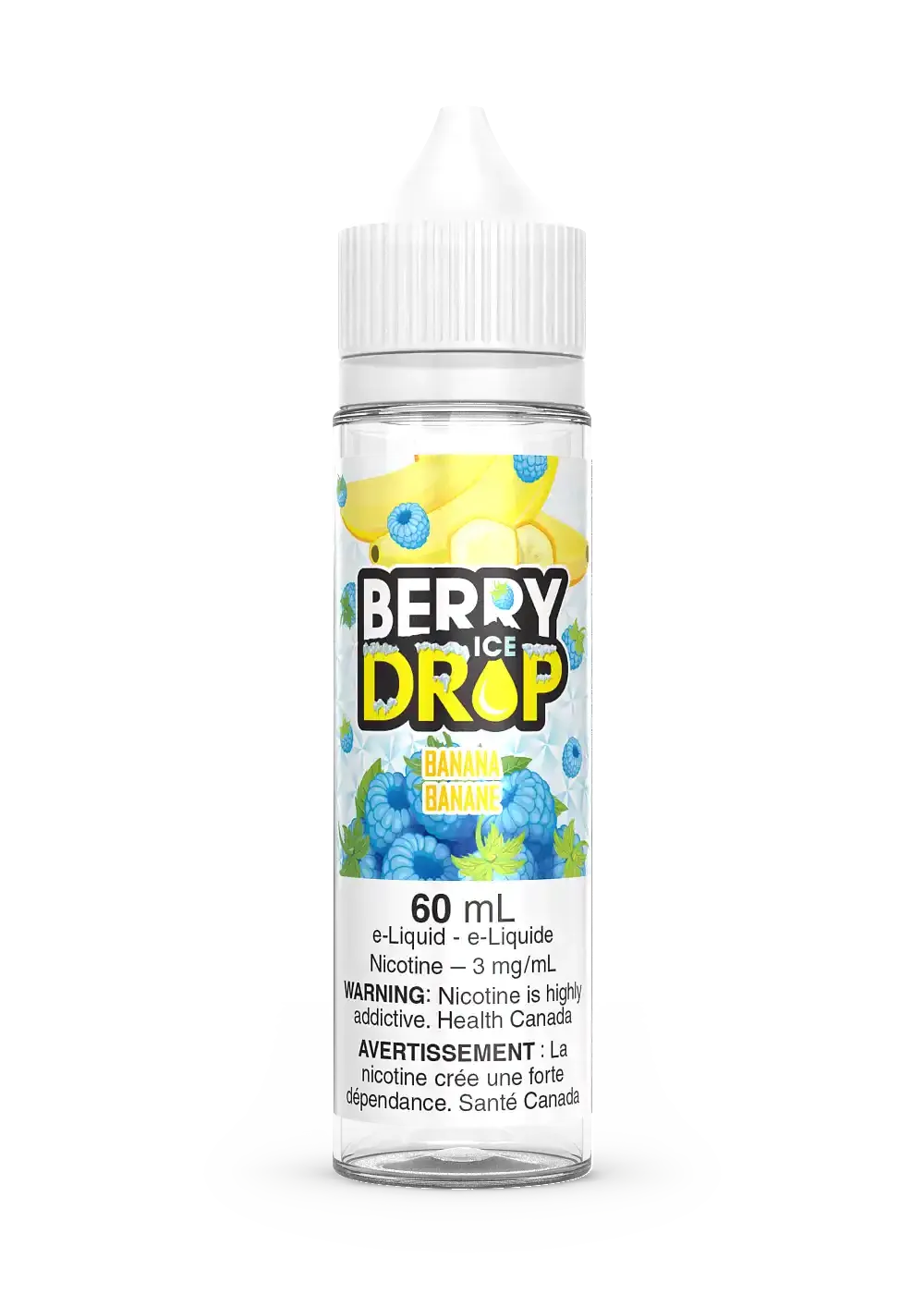 Berry Drop Ice Banana 60ml e-liquid bottle with banana and blue raspberry graphics.