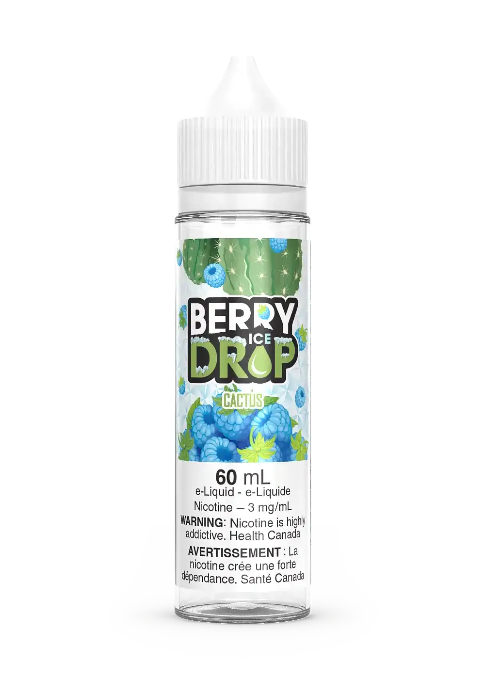 Berry Drop Ice Cactus 60mL e-liquid bottle with green cactus and blue raspberry label.