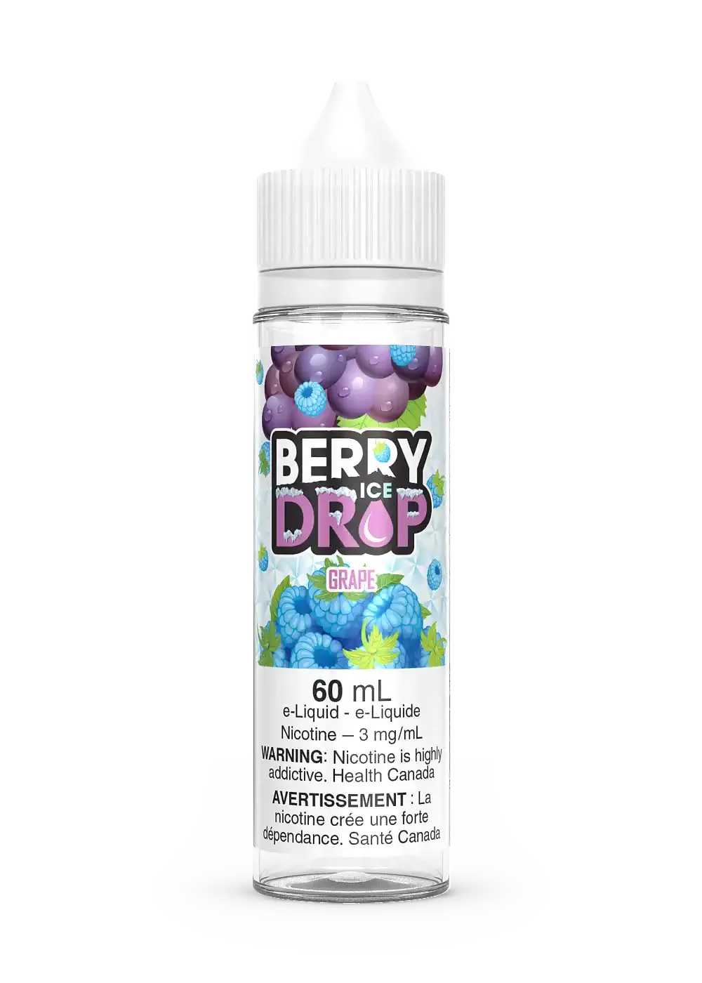 Berry Drop Ice Grape 60mL e-liquid bottle with purple and blue berry graphics, white cap.