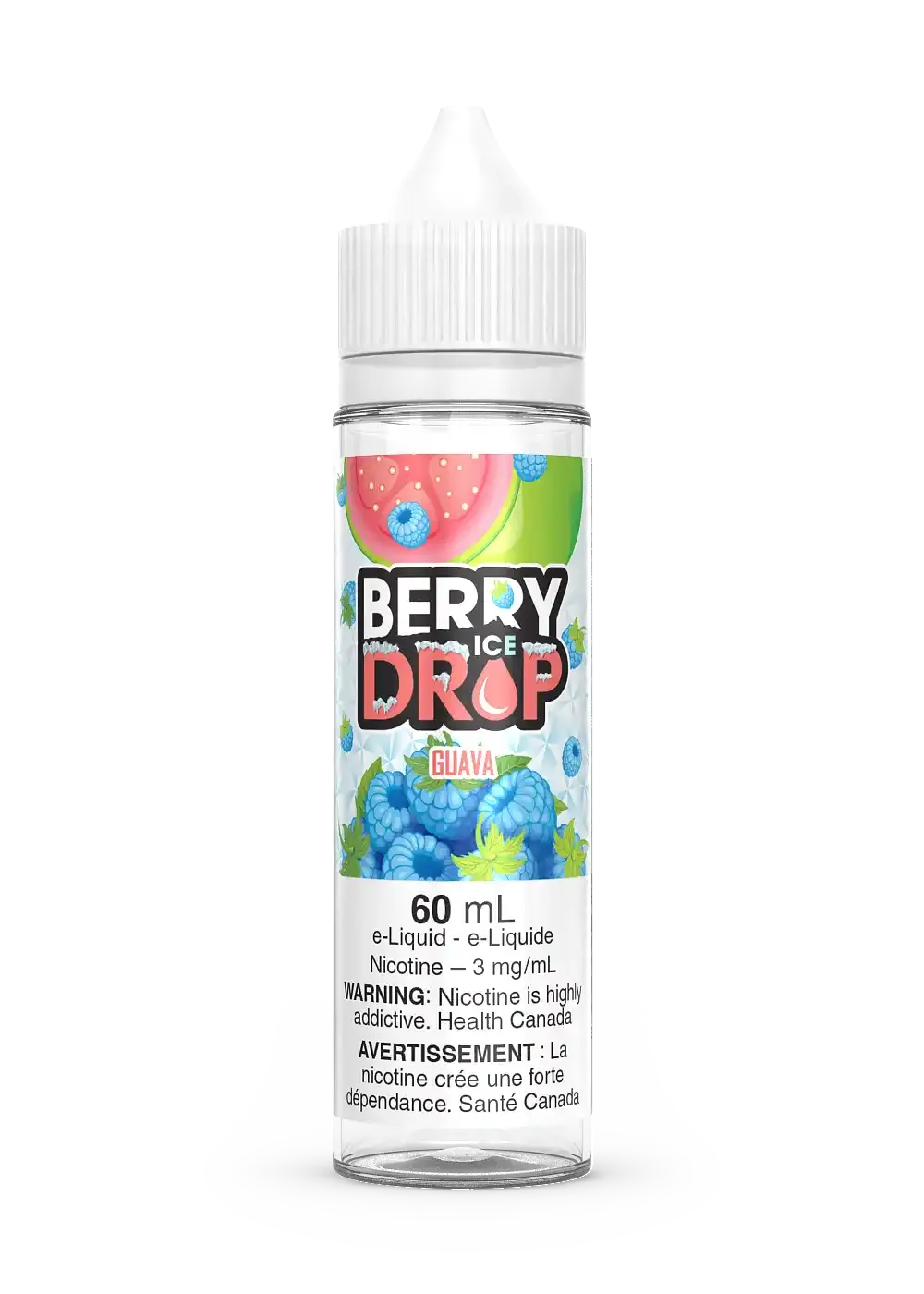 60ml Berry Drop Ice Guava e-liquid bottle with a colorful label featuring guava, blue raspberries, and watermelon.