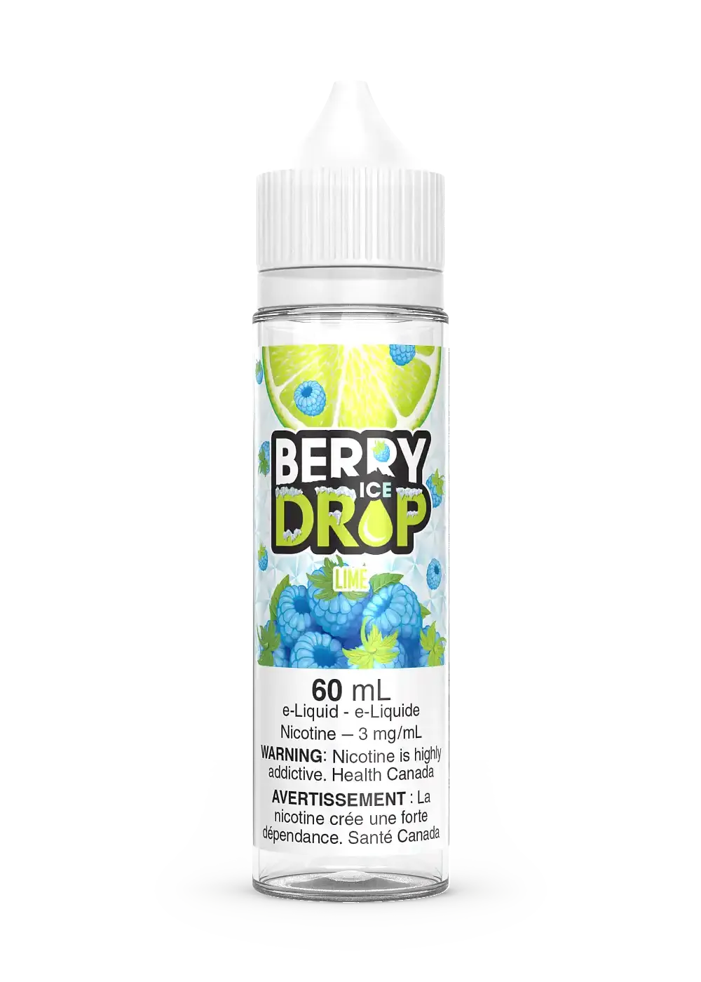 Berry Drop Ice Lime 60ml e-liquid bottle with vibrant lime and blue raspberry graphics.