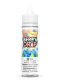 Berry Drop Ice Peach 60mL e-liquid bottle with blue raspberries and peach slice on label.