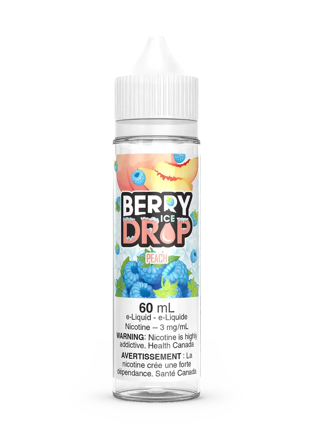 Berry Drop Ice Peach 60mL e-liquid bottle with blue raspberries and peach slice on label.