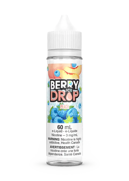 Berry Drop Ice Peach 60mL e-liquid bottle with blue raspberries and peach slice on label.
