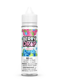 60mL Berry Drop Ice Raspberry e-liquid bottle with pink and blue raspberry label, white cap.
