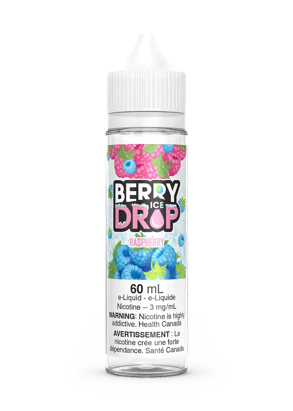 60mL Berry Drop Ice Raspberry e-liquid bottle with pink and blue raspberry label, white cap.