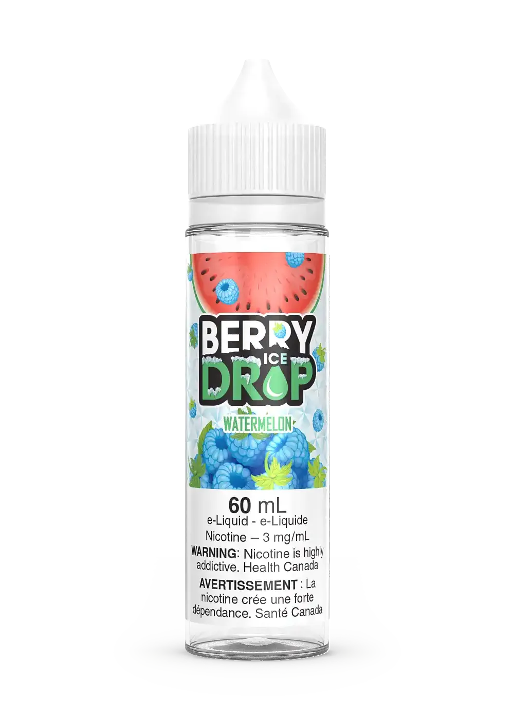 60mL Berry Drop Ice Watermelon e-liquid bottle with a white cap, featuring watermelon and blue raspberry graphics.