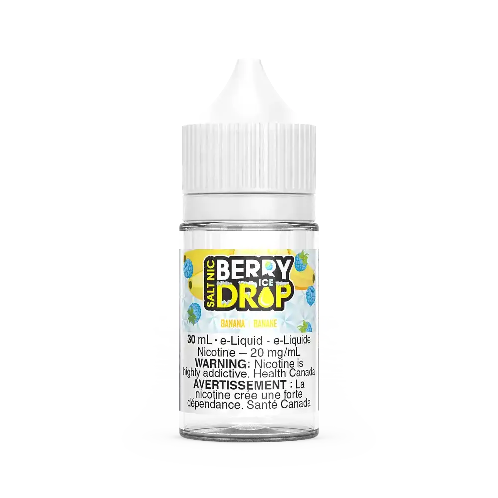 Berry Drop Ice Salt Banana 30mL e-liquid bottle with white cap and blue-yellow label.