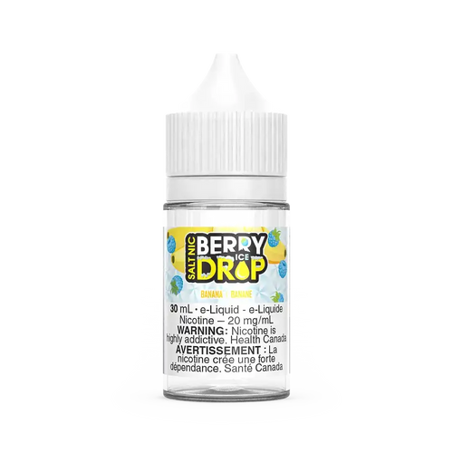 Berry Drop Ice Salt Banana 30mL e-liquid bottle with white cap and blue-yellow label.