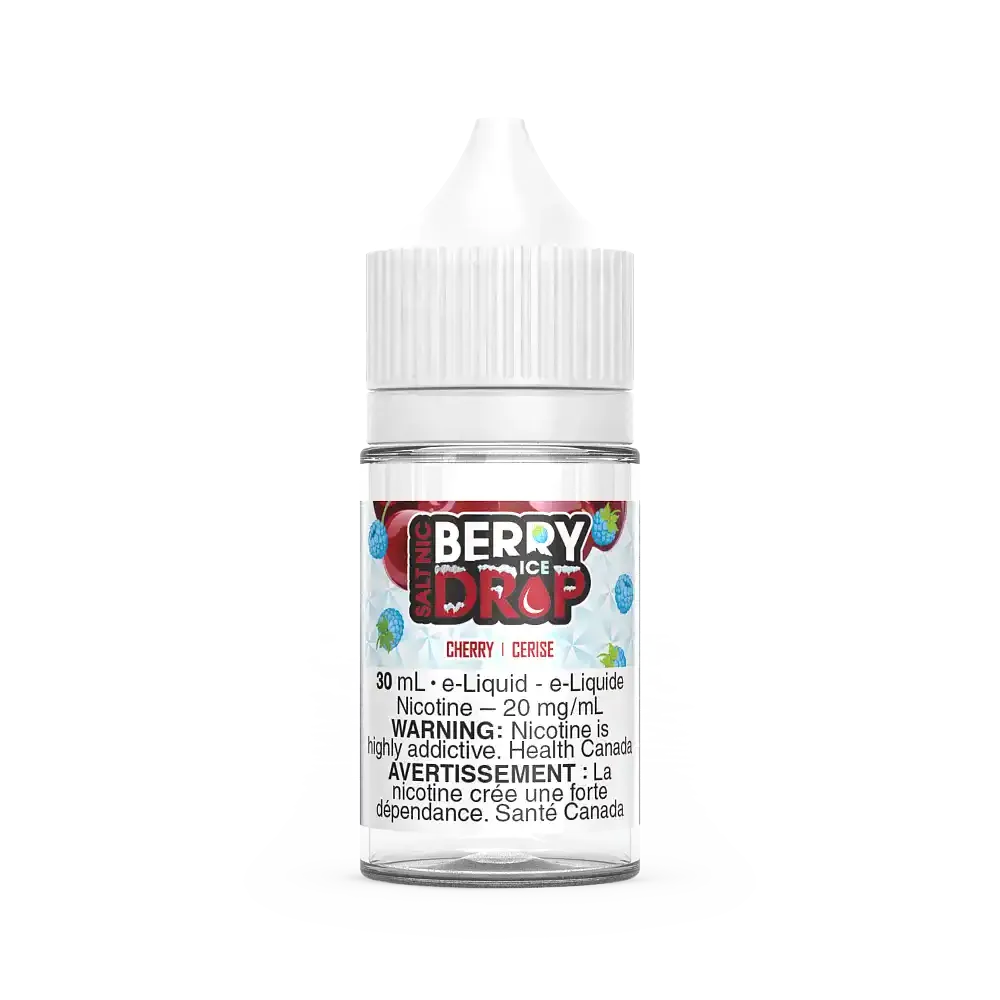 Berry Drop Ice Salt Cherry 30mL e-liquid bottle with white cap and clear label.