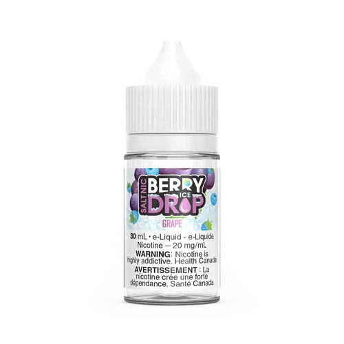 Berry Drop Ice Salt Grape 30mL e-liquid bottle with white cap and purple label featuring grapes.