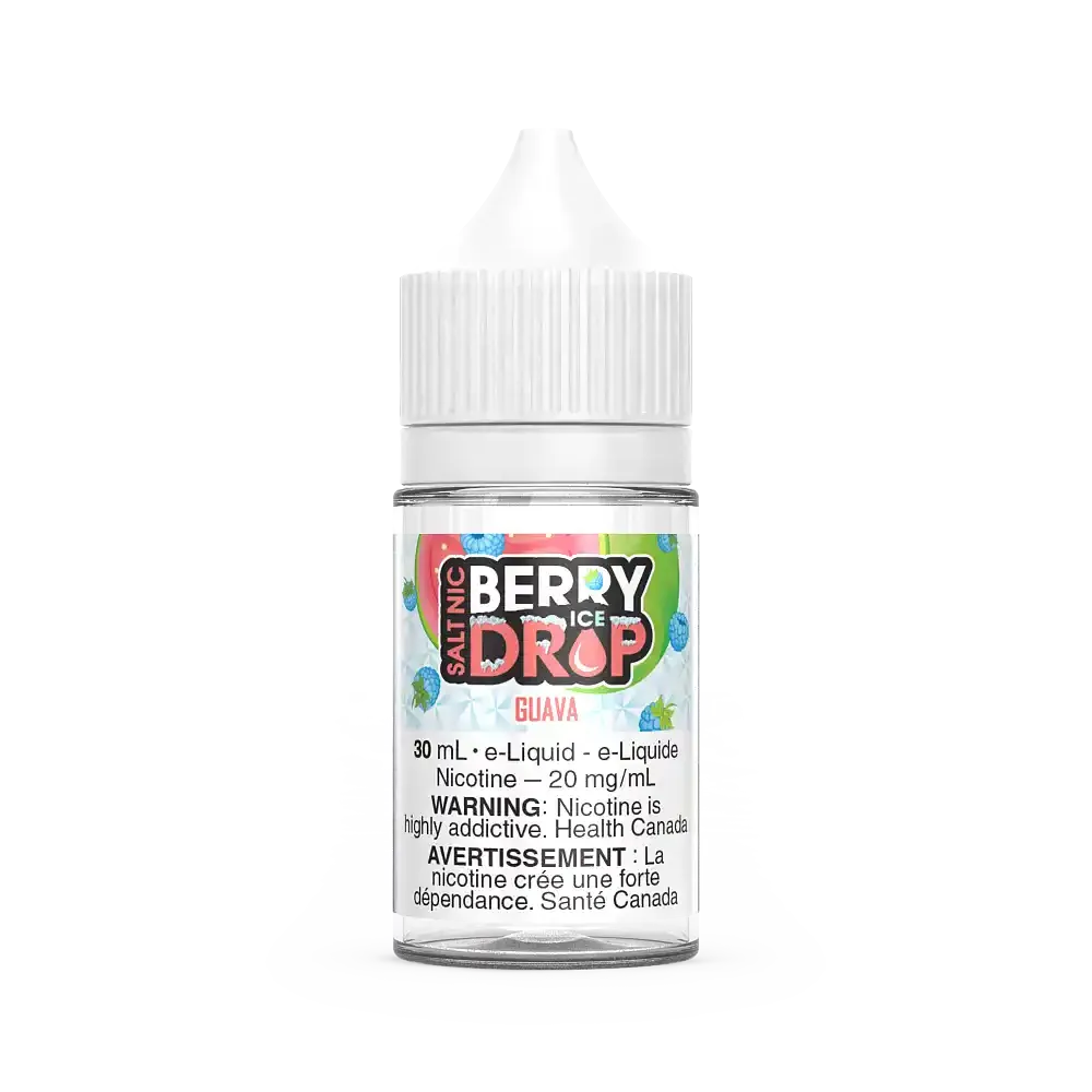 Berry Drop Ice Salt Guava 30mL e-liquid bottle with white cap and colorful fruit label.