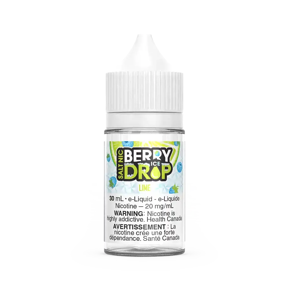 Berry Drop Ice Salt Lime 30mL e-liquid bottle with white cap and label featuring blueberries and lime.