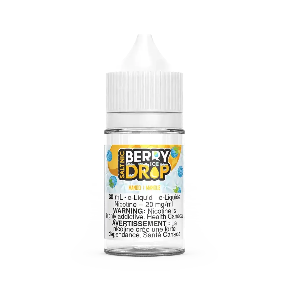 Berry Drop Ice Salt Mango 30mL e-liquid bottle with white cap and clear label featuring mango illustration.