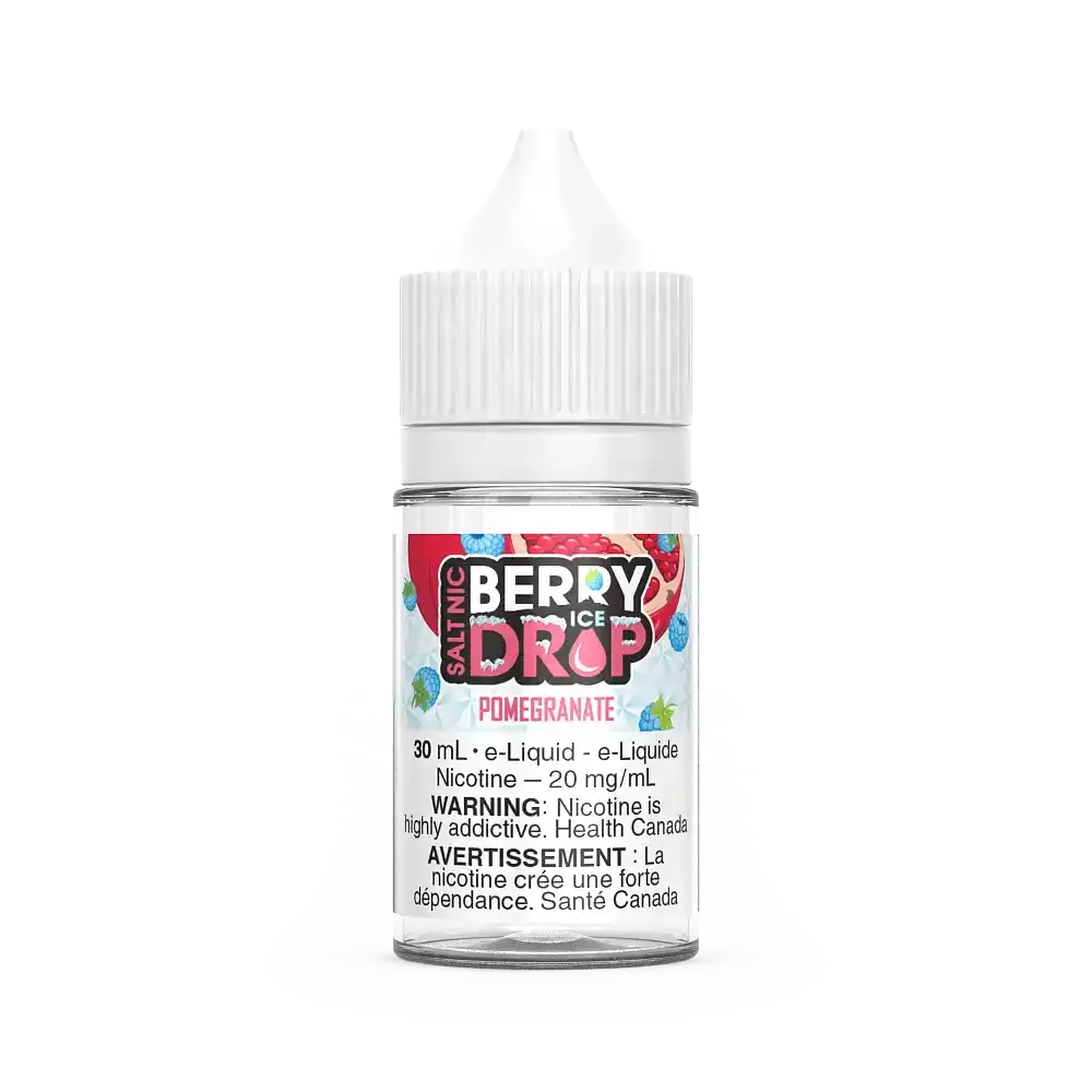 Berry Drop Ice Salt Pomegranate 30mL e-liquid bottle with white cap and colorful fruit label.