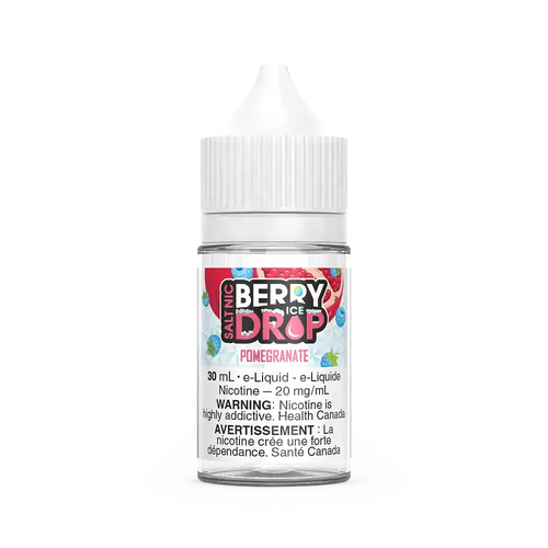 Berry Drop Ice Salt Pomegranate 30mL e-liquid bottle with white cap and colorful fruit label.