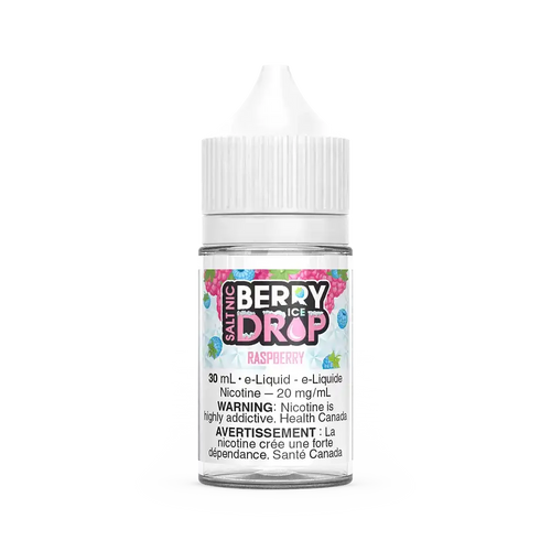 Berry Drop Ice Salt Raspberry 30mL e-liquid bottle with white cap and colorful berry label.
