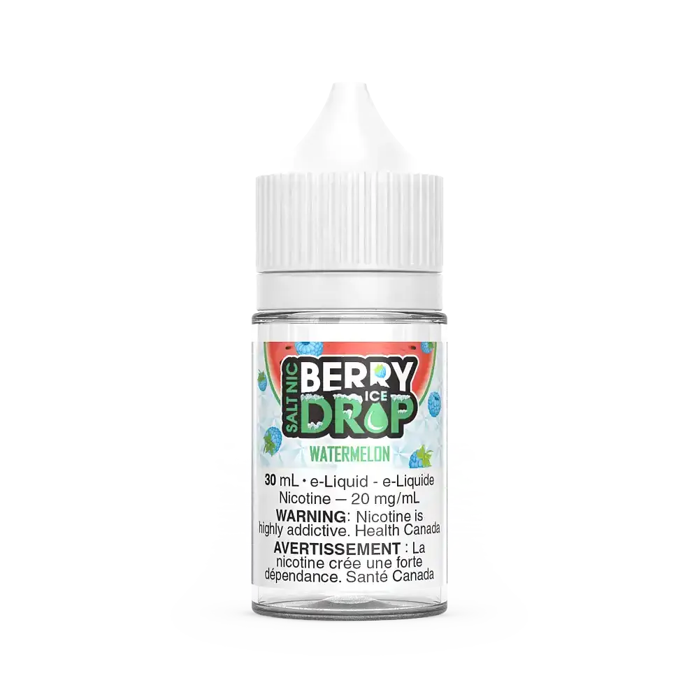 Berry Drop Ice Salt Watermelon 30mL e-liquid bottle with white cap, clear label, and fruit graphics.
