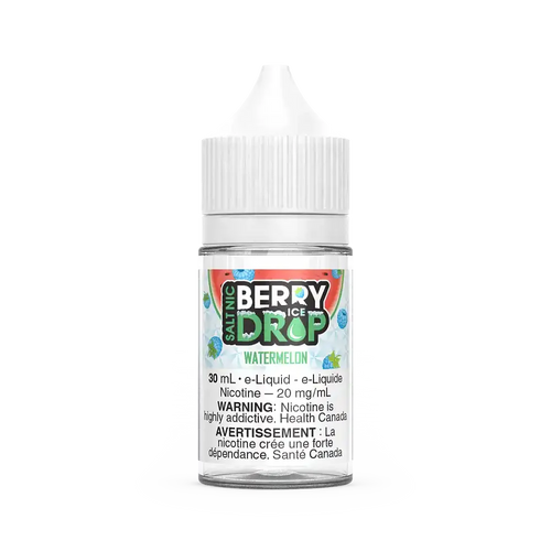 Berry Drop Ice Salt Watermelon 30mL e-liquid bottle with white cap, clear label, and fruit graphics.