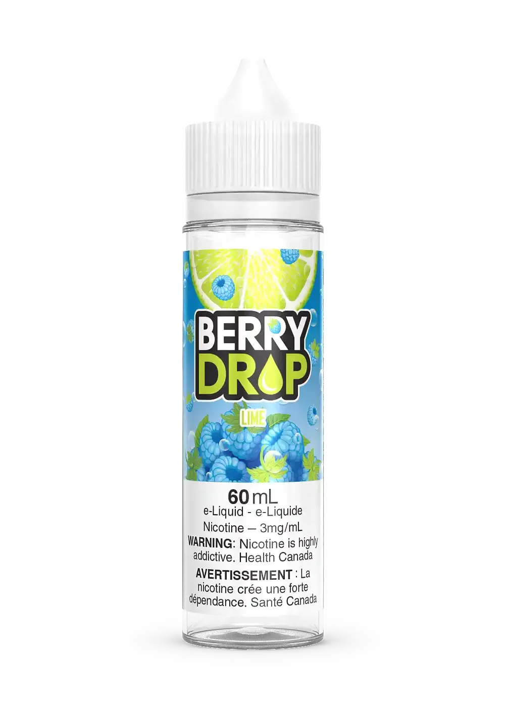 Berry Drop Lime 60mL e-liquid bottle with a white cap, featuring a vibrant label with lime and blue raspberry graphics.