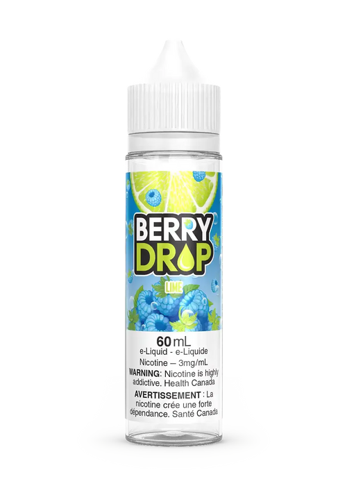 Berry Drop Lime 60mL e-liquid bottle with a white cap, featuring a vibrant label with lime and blue raspberry graphics.