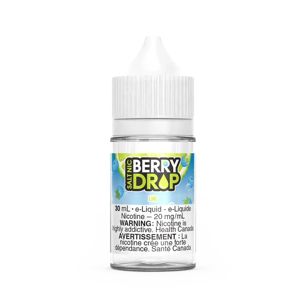 Berry Drop Salt Lime 30mL e-liquid bottle with white cap and clear label featuring green lime graphics.