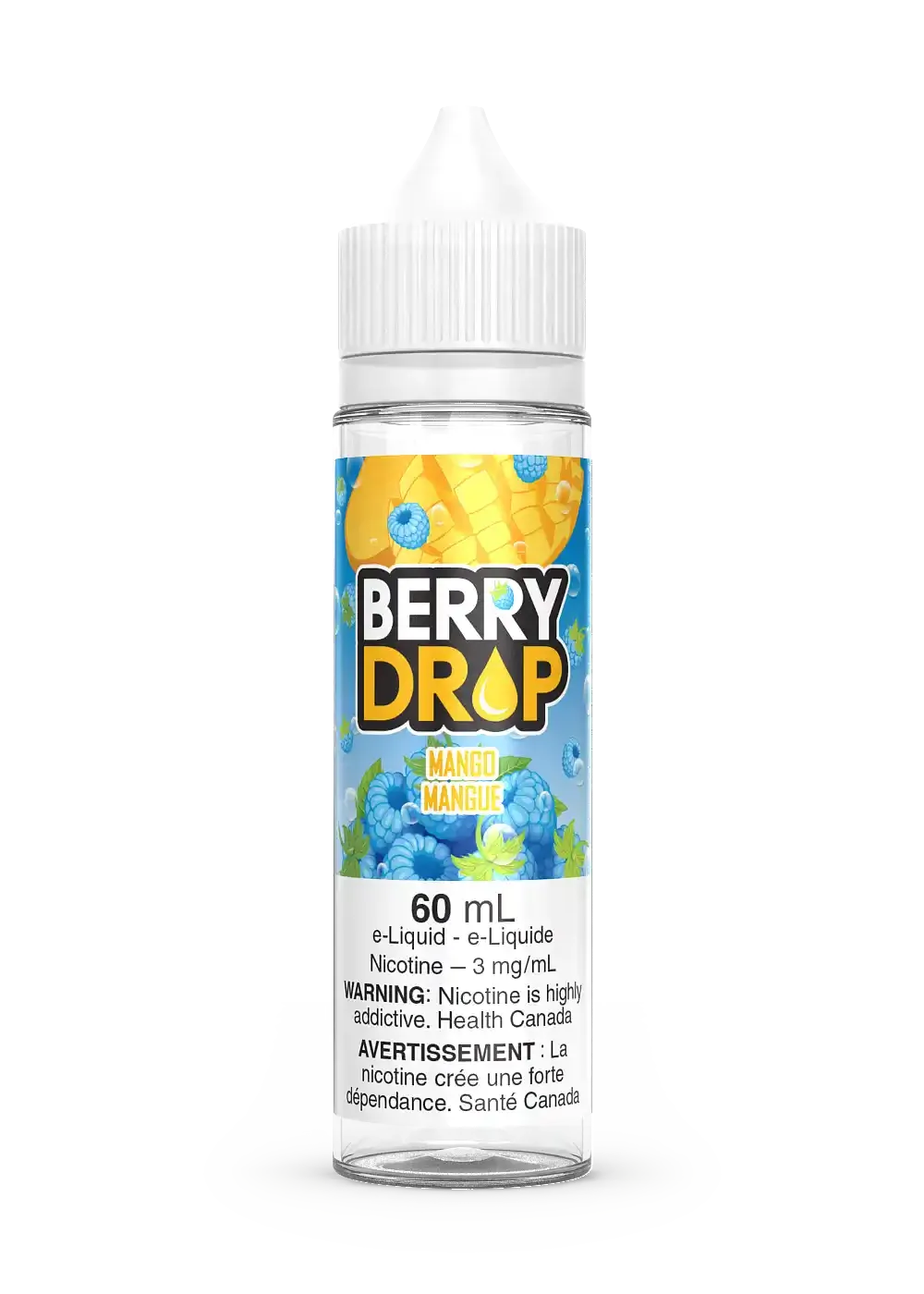 Berry Drop Mango 60mL e-liquid bottle with a white cap, featuring a yellow mango and blue berries on the label.