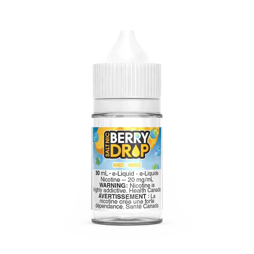 Berry Drop Salt Mango 30mL e-liquid bottle with white cap and colorful label.
