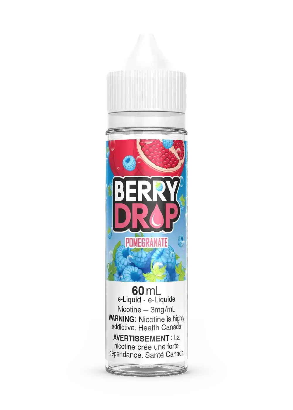 Berry Drop Pomegranate 60mL e-liquid bottle with a white cap, featuring blue raspberries and a pomegranate slice.